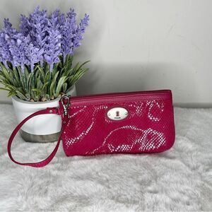 Fossil Hot Pink Cow Hide Leather with Snake Emboss Wristlet Wallet Pouch